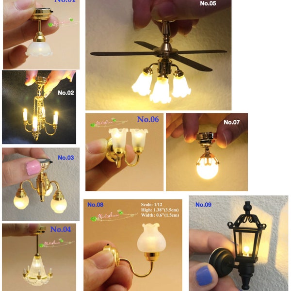 1:12 scale dollhouse Miniature Chandelier Retro Golden Sconce Ceiling Light  switch Battery LED Light