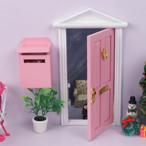 AirAds Dollhouse DIY 1/12 miniature Greek Wood Revival 4 Panel Front Door w/ Mailbox Pink image 2