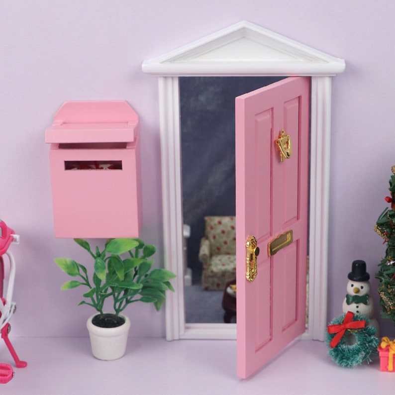 AirAds Dollhouse DIY 1/12 miniature Greek Wood Revival 4 Panel Front Door w/ Mailbox Pink image 2