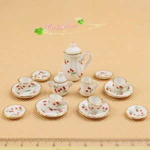 AirAds Dollhouse Porcelain 1/12 scale dollhouse  Miniatures Tea Coffee Set Pot Cup Doll's House ; Cherry Set