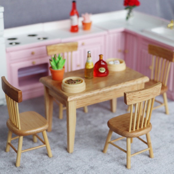 AirAds Dollhouse 1:12 scale dollhouse miniature wood furniture dining table and 4 chairs (Set 5)