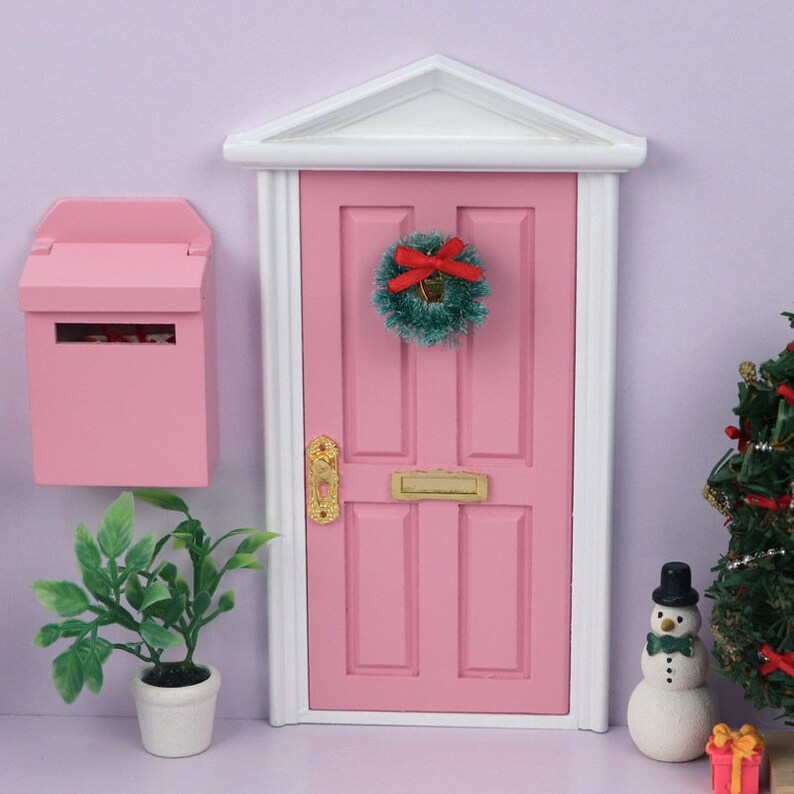 AirAds Dollhouse DIY 1/12 miniature Greek Wood Revival 4 Panel Front Door w/ Mailbox Pink image 3