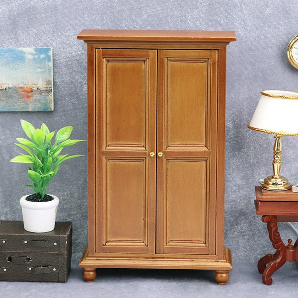 AirAds Dollhouse 1:12 Scale Dollhouse Furniture Wardrobe Closet 3-Shelf 2-Door Armoire Brown