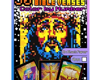Könnte beinhalten: 50 Mystery Mosaics Bibelverse Malen nach Zahlen auf schwarzem Papier, 4 mm. Drei Beispielbilder zeigen ein Kreuz, eine Bibel und ein Schiff.