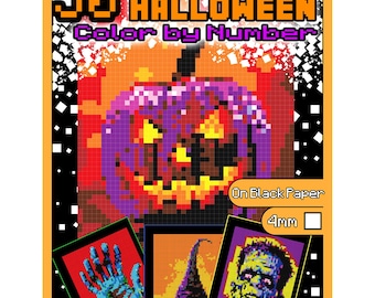 May include: A set of 50 Halloween-themed color-by-number mosaic designs. The designs feature a pumpkin, a witch, and a monster. The designs are printed on black paper and are 4mm in size.