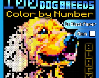 May include: A pixelated image of a dog's face, part of a "Mystery Mosaics" puzzle. The puzzle is titled "100 Dog Breeds Color by Number" and is on black paper. The image has a blue border and includes the word "BLACK".
