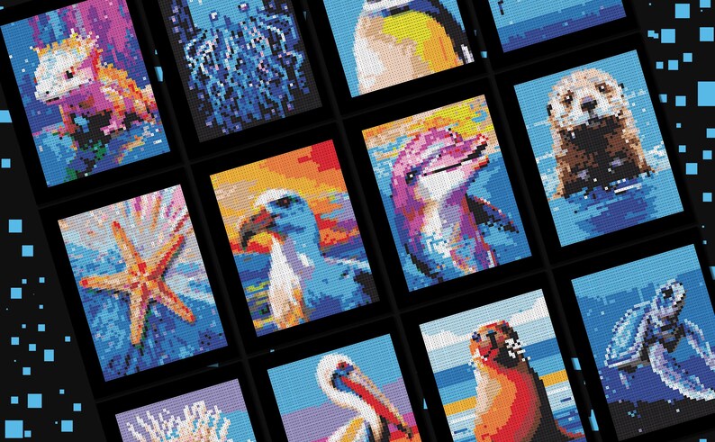 May include: A collage of nine colorful images featuring various sea creatures, including a starfish, a penguin, a dolphin, a sea turtle, a sea otter, a pelican, and a bird with a yellow beak. The images are framed in black and have a blue background.