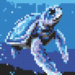 May include: A pixelated image of a blue sea turtle swimming in a blue ocean. The turtle is facing the right side of the image and has a white shell with blue accents.