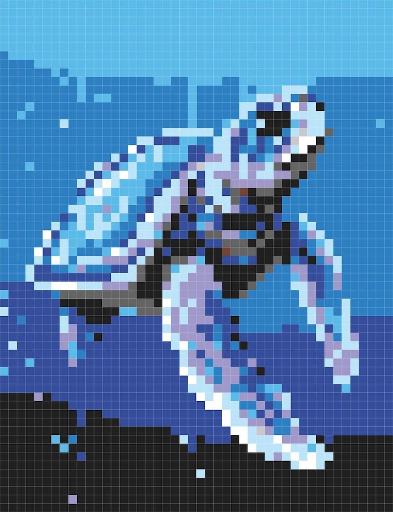 May include: A pixelated image of a blue sea turtle swimming in a blue ocean. The turtle is facing the right side of the image and has a white shell with blue accents.