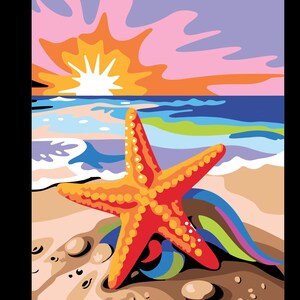 May include: A red and orange starfish on a sandy beach with a colorful sunset in the background. The starfish is lying on its back with its arms outstretched.