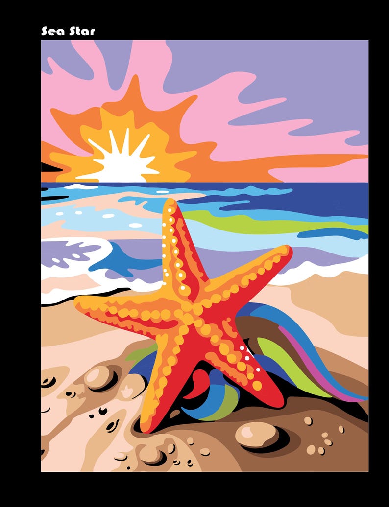 May include: A red and orange starfish on a sandy beach with a colorful sunset in the background. The starfish is lying on its back with its arms outstretched.