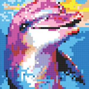 May include: A pixelated image of a pink dolphin swimming in blue water. The dolphin's head is turned to the side, and its mouth is open in a smile. The water is a bright blue, and the sun is shining in the background.