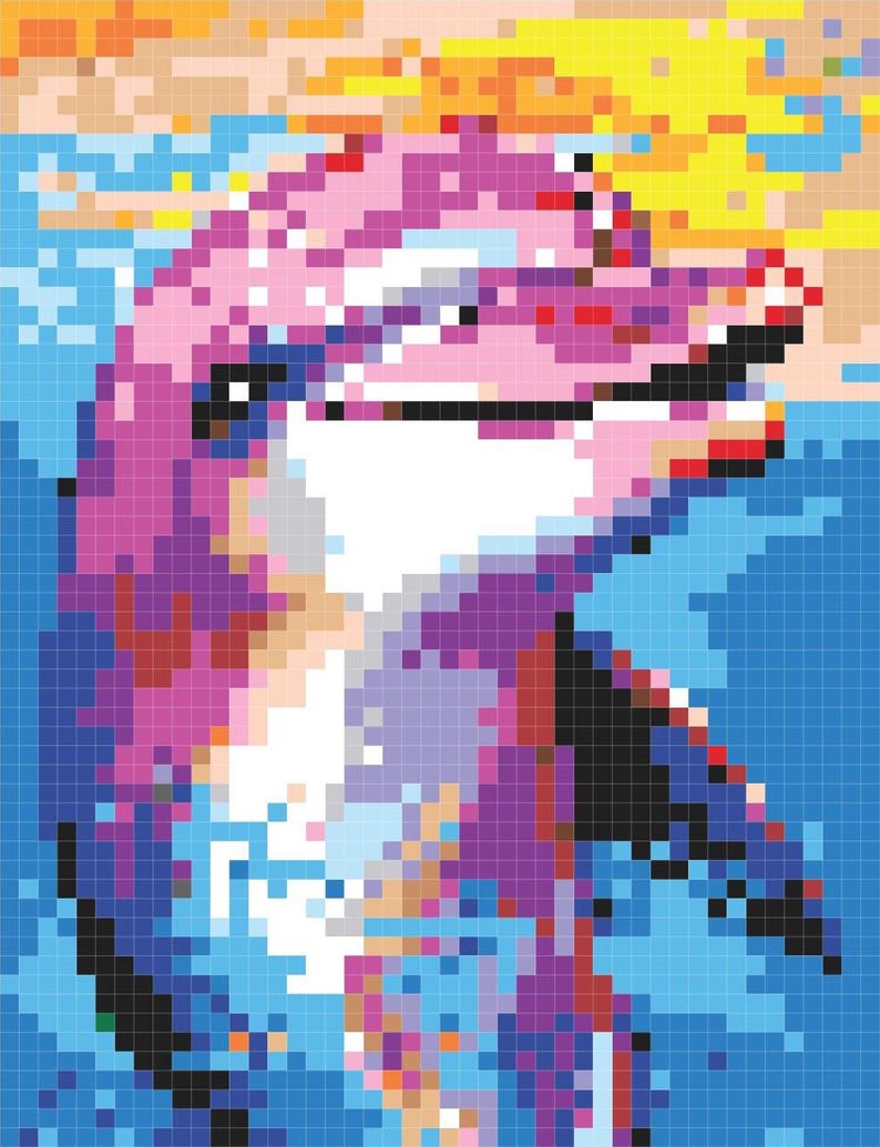 May include: A pixelated image of a pink dolphin swimming in blue water. The dolphin's head is turned to the side, and its mouth is open in a smile. The water is a bright blue, and the sun is shining in the background.