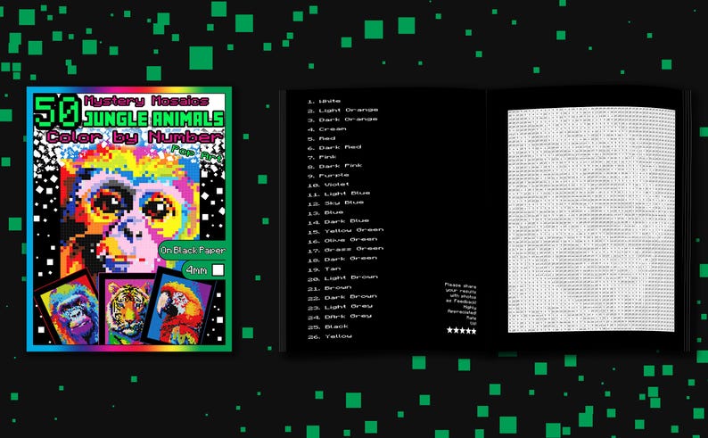 Może przedstawiać: Okładka książki z tytułem "50 Mystery Mosaics Jungle Animals Color by Number". Okładka przedstawia pikselowany obraz twarzy małpy w tęczy kolor&oacute;w. Książka jest przeznaczona do kolorowania na czarnym papierze.