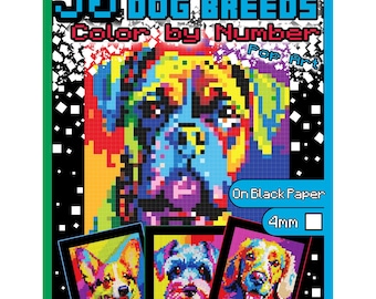May include: A book cover with the title "50 Dog Breeds Color by Number" in a rainbow color scheme. The cover features a colorful pixelated image of a dog's face. The book is part of a series called "Mystery Mosaics Pop Art" and is designed to be colored on black paper with 4mm markers.