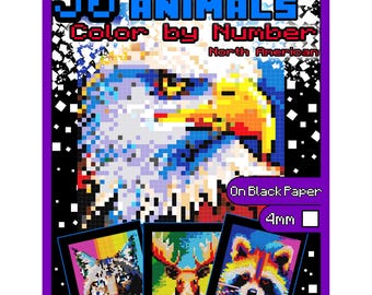 May include: A book cover for "50 Mystery Mosaics Animals Color by Number" featuring a pixelated eagle illustration in shades of blue, yellow, and orange. The cover includes the text "North American" and three smaller mosaic animal images.
