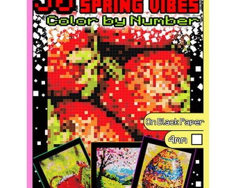 May include: 50 Mystery Mosaics Spring Vibes Color by Number on black paper, 4mm squares.  The cover image shows a red and green mosaic of a flower.  Three smaller images show a watering can, a cherry blossom tree, and an Easter egg.