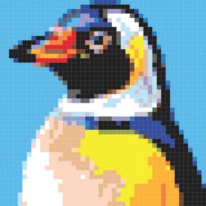 May include: A pixelated illustration of a penguin with a black head, white face, yellow chest, and orange beak. The penguin is facing to the right and has a blue and black pattern on its back.