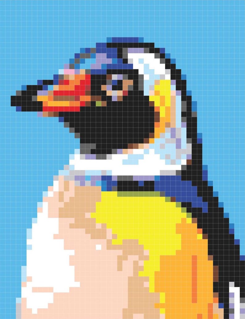 May include: A pixelated illustration of a penguin with a black head, white face, yellow chest, and orange beak. The penguin is facing to the right and has a blue and black pattern on its back.