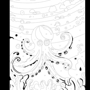 May include: A black and white line art coloring page of an octopus with the word "Octapus" at the top. The image is numbered for a paint-by-number activity.