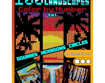 以下が含まれることがあります： 「100 Mystery Mosaics Landscapes Color by Number」のカラフルな表紙。明るい色のタイトルが特徴の黒い背景。正方形、六角形、円を使用して、黒い紙に3-in-1パズルを提供しています。