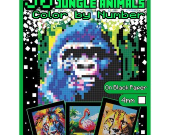 May include: 50 Mystery Mosaics Jungle Animals Color by Number.  A set of 3 pixel art images to color by number.  The images are a gorilla, a flamingo, and a cheetah.  The images are on black paper with 4mm squares.