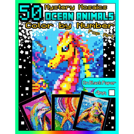 Printable Color By Number Pages 50 OCEAN ANIMALS Pixel Mosaic with Exotic Ocean Animals Instant Download Coloring Book for Kids Adults