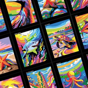 May include: A set of 10 colorful paint-by-number images featuring various sea creatures, including a whale, a sea turtle, a shark, a starfish, an octopus, a penguin, and a tuna. Each image is framed with a black border.