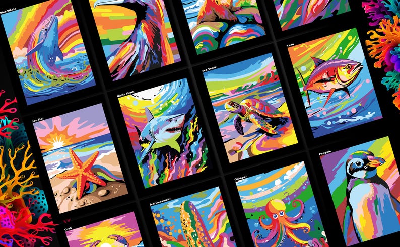 May include: A set of 10 colorful paint-by-number images featuring various sea creatures, including a whale, a sea turtle, a shark, a starfish, an octopus, a penguin, and a tuna. Each image is framed with a black border.