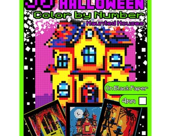 May include: 50 Halloween Haunted Houses Color by Number Mystery Mosaics on black paper, 4mm squares.  The image shows a pixelated illustration of a haunted house with a yellow exterior, red roof, and black windows.  There are three smaller images of other haunted houses.