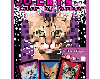 以下が含まれることがあります： 「50 Cats Mystery Mosaics Color by Number」というタイトルの書籍の表紙で、猫の顔のピクセル化された画像が描かれています。本の表紙はピンクで、黒と白の正方形が並んでいます。表紙には「On Black Paper 4mm」というテキストも書かれています。