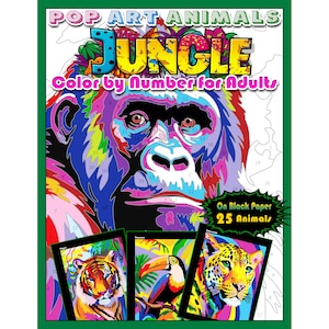 May include: A colour by number book featuring a jungle theme with a gorilla, tiger, toucan, and leopard. The book has 25 animals and is designed to be coloured on black paper.