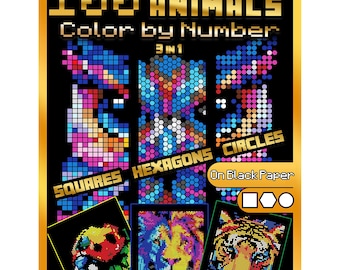 May include: A black cover for a "100 Animals Color by Number" book. The cover features colorful mosaic animal images made of squares, hexagons, and circles. Text includes "Mystery Mosaics" and "3 in 1".