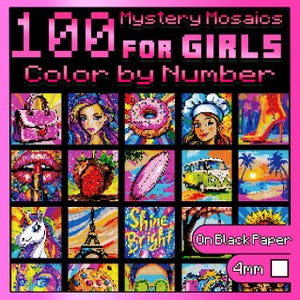 100 Color by Number for Girls: Mystery Mosaics Sweet Coloring Book for Adults with Dazzling Hidden Images, Color Quest