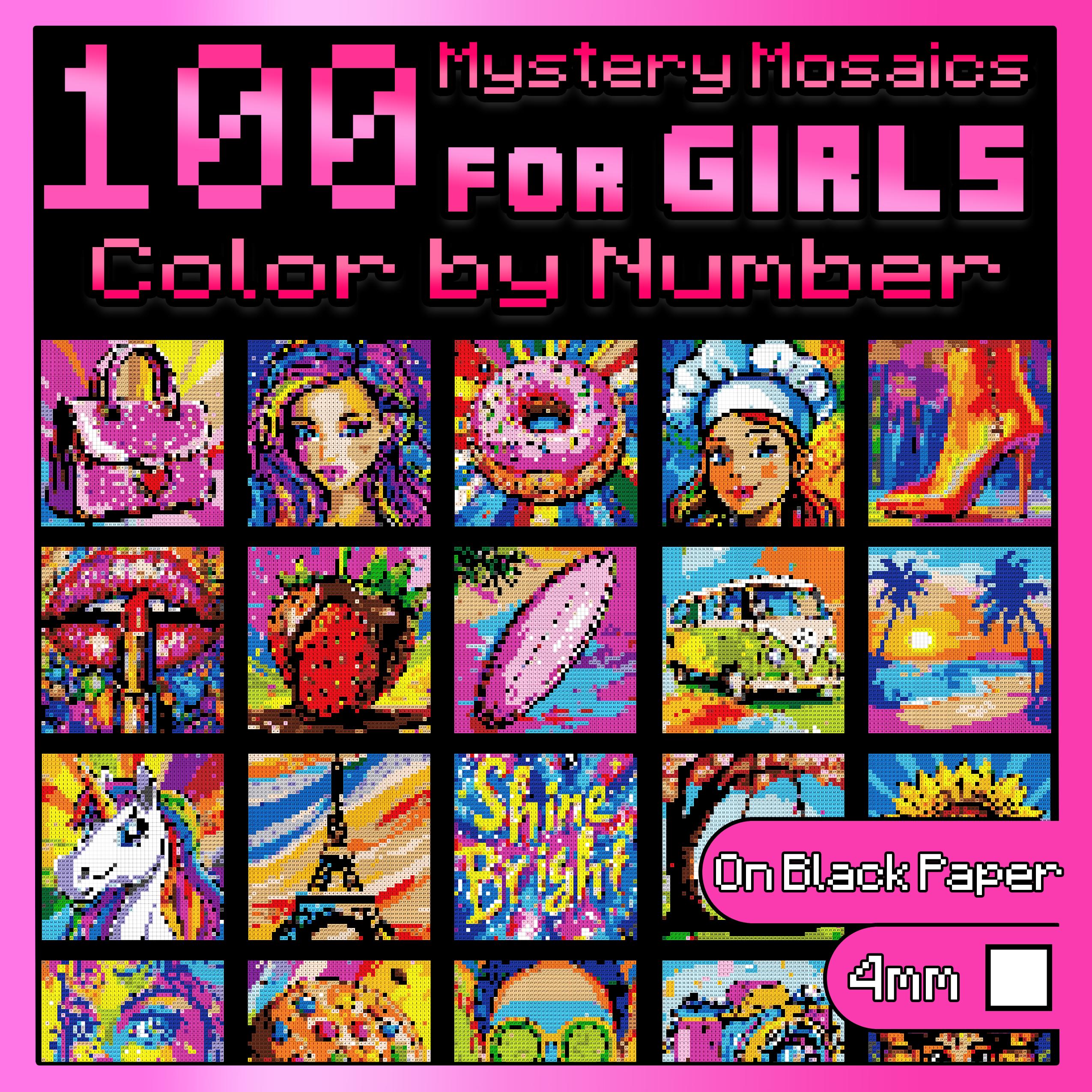 May include: A pink and black mosaic art kit titled "100 Mystery Mosaics For Girls Color by Number." The kit features a grid of colorful pixelated images, including a purse, a woman's face, a donut, and a high heel. The text "Shine Bright" is also visible.