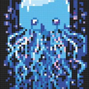 May include: Pixel art illustration of a blue jellyfish with white spots and a white bell. The jellyfish has long, flowing tentacles.