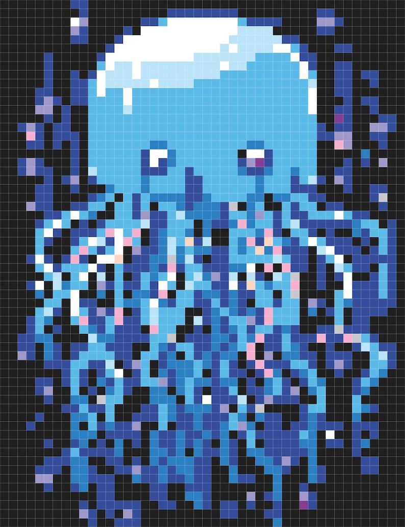 May include: Pixel art illustration of a blue jellyfish with white spots and a white bell. The jellyfish has long, flowing tentacles.