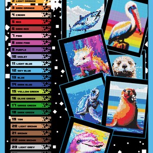 May include: Color palette with 26 colors, each color is represented by a small square with a number and the color name. The image also shows five different pixel art images of animals, including a dolphin, a pelican, a sea turtle, a sea lion, and a fish.