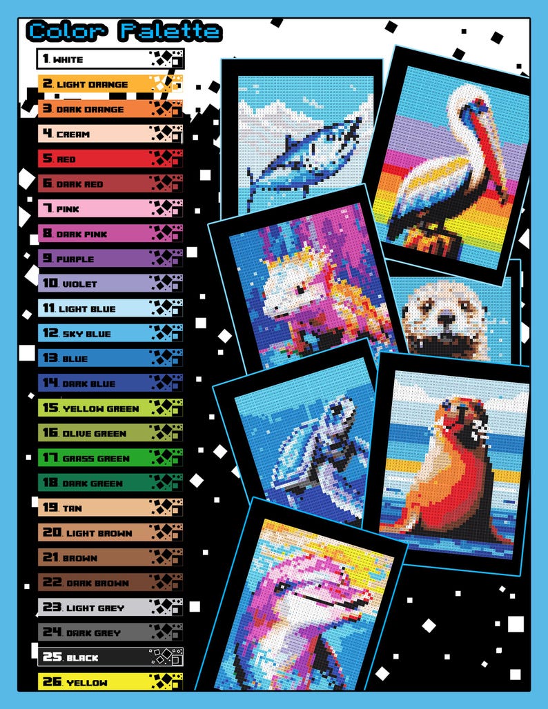 May include: Color palette with 26 colors, each color is represented by a small square with a number and the color name. The image also shows five different pixel art images of animals, including a dolphin, a pelican, a sea turtle, a sea lion, and a fish.