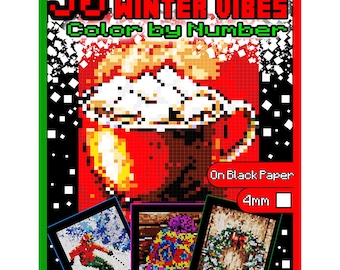 May include: 50 Mystery Mosaics Winter Vibes Color by Number.  A pixelated image of a mug of hot chocolate with whipped cream.  On black paper, 4mm.  Three sample images are shown: a winter scene with a skier, a winter hat, and a wreath.