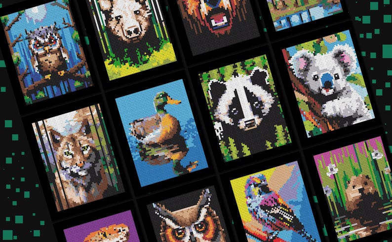 May include: A collection of 12 framed cross-stitch patterns featuring various animals, including owls, a bear, a duck, a raccoon, a koala, a badger, a lynx, a gecko, and a bird. The frames are black and the patterns are colorful.