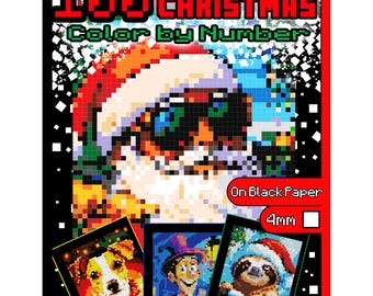 May include: 100 Christmas Mystery Mosaics Color by Number on black paper, 4mm squares. The cover features a pixelated Santa Claus wearing sunglasses. Three smaller images show a dog, a man in a top hat, and a sloth.