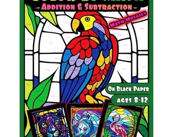 Color by Math Mosaïques animalières Additions et soustractions Livre animalier Pages imprimables Téléchargement instantané Soulagement du stress Relaxation Méditation
