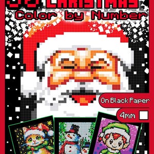 May include: A set of 50 Christmas-themed color by number mosaic kits. The cover features a pixelated Santa Claus with a red hat and white beard. The kits are designed to be completed on black paper with 4mm mosaic tiles.