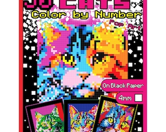Puede incluir: 50 Mosaicos Misteriosos Gatos Color por Número Pop Art Sobre Papel Negro 4mm. Este conjunto incluye tres imágenes de gatos para colorear por número con un esquema de colores arcoíris.