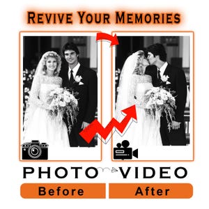 May include: A black and white image comparing a wedding photo to a video. The text "Revive Your Memories" is at the top. The words "Photo" and "Video" are below the images, with "Before" and "After" in orange boxes.