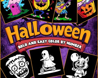 Color By Number 50 HALLOWEEN Printable Coloring Book Pages Pixel Mystery Mosaic with Monsters Instant Download Coloring Book for Kids Adults