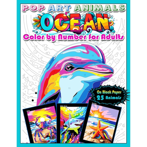 Color By Number 25 OCEAN ANIMALS Printable Coloring Book Pages Pixel Mosaic with Exotic Sea Animals Instant Download for Kids Teens Adults
