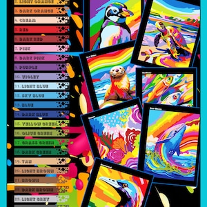 May include: A color palette with 26 colors, each color is represented by a square with a number and the color name. The image also shows 6 different animal illustrations in a colorful style, each animal is in a square frame with the animal's name.