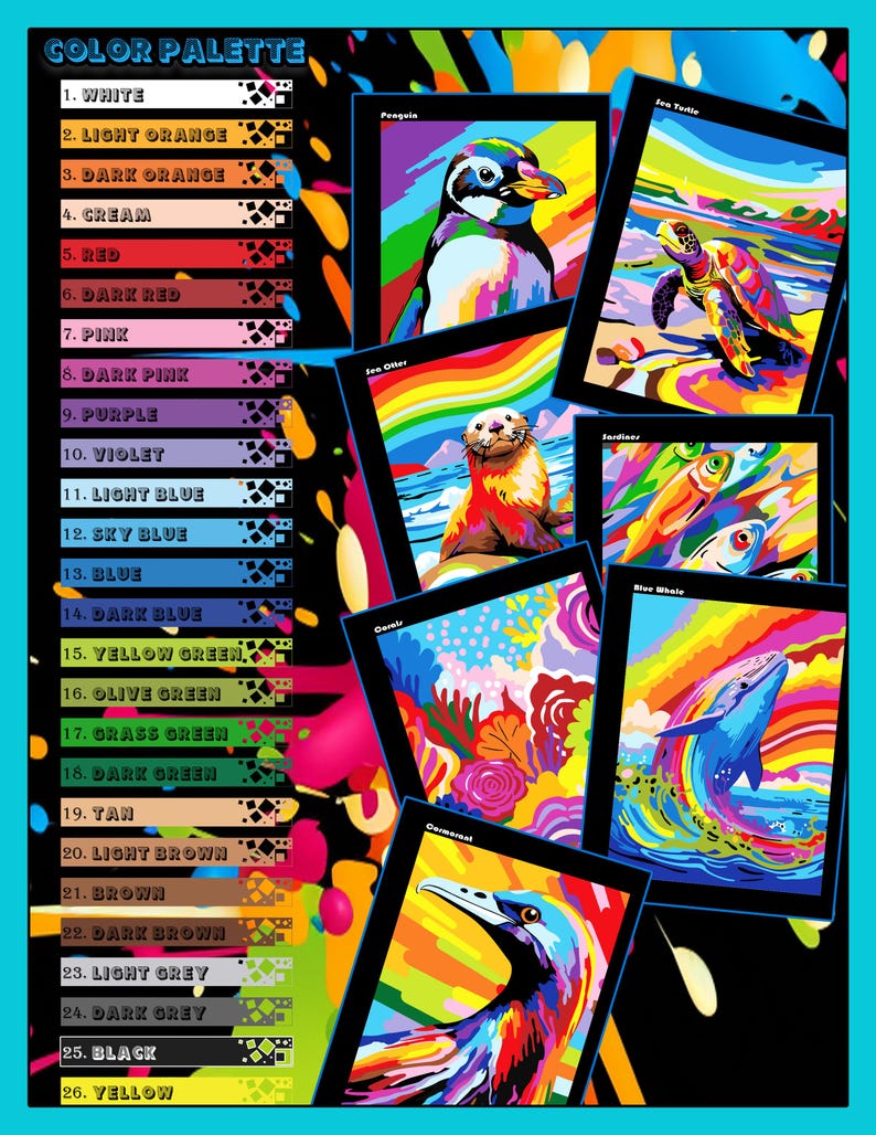 May include: A color palette with 26 colors, each color is represented by a square with a number and the color name. The image also shows 6 different animal illustrations in a colorful style, each animal is in a square frame with the animal's name.